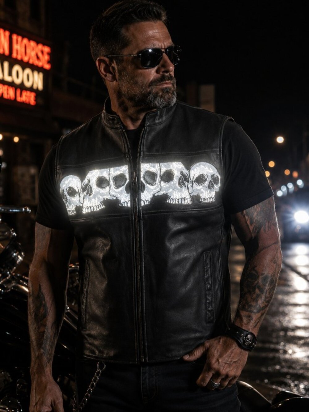 Men's Reflective Skull Leather Vest Motorcycle Biker Zip Front 4 Pocket Black